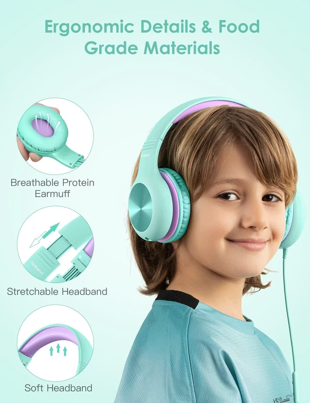 Alt view image 5 of 7 - Kids Headphones with Microphone, Over-Ear Headphones for Kids with Sharing Function, 85dB/94dB Safe Volume Limit, Wired Headphone for Children, Kid Headset for School, Tablet, Travel, Green