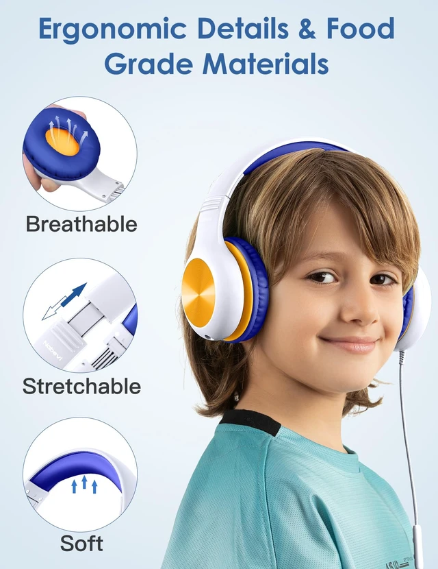 Alt view image 2 of 7 - Kids Headphones with MIC, Over-Ear Headphones for Kids with Cord, HD Sound, Safe Volume Limit, Sharing Function, Kid Headset for Boys Girls, Toddler Headphone for School, Tablet, White Orange
