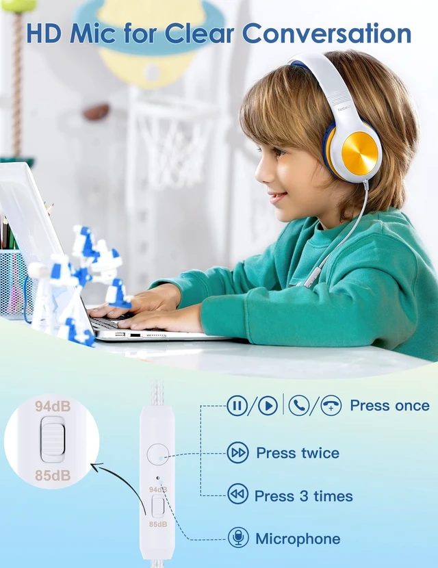 Alt view image 3 of 7 - Kids Headphones with MIC, Over-Ear Headphones for Kids with Cord, HD Sound, Safe Volume Limit, Sharing Function, Kid Headset for Boys Girls, Toddler Headphone for School, Tablet, White Orange