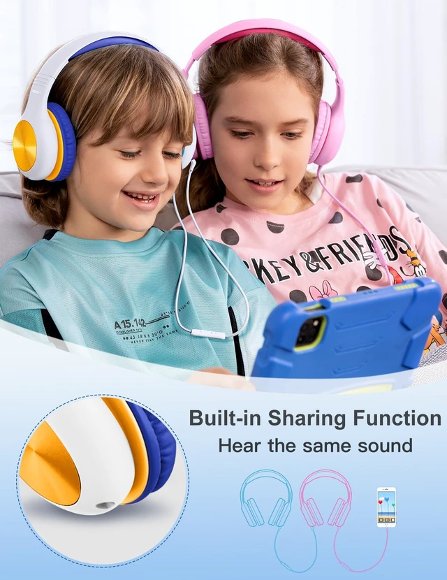 Alt view image 5 of 7 - Kids Headphones with MIC, Over-Ear Headphones for Kids with Cord, HD Sound, Safe Volume Limit, Sharing Function, Kid Headset for Boys Girls, Toddler Headphone for School, Tablet, White Orange