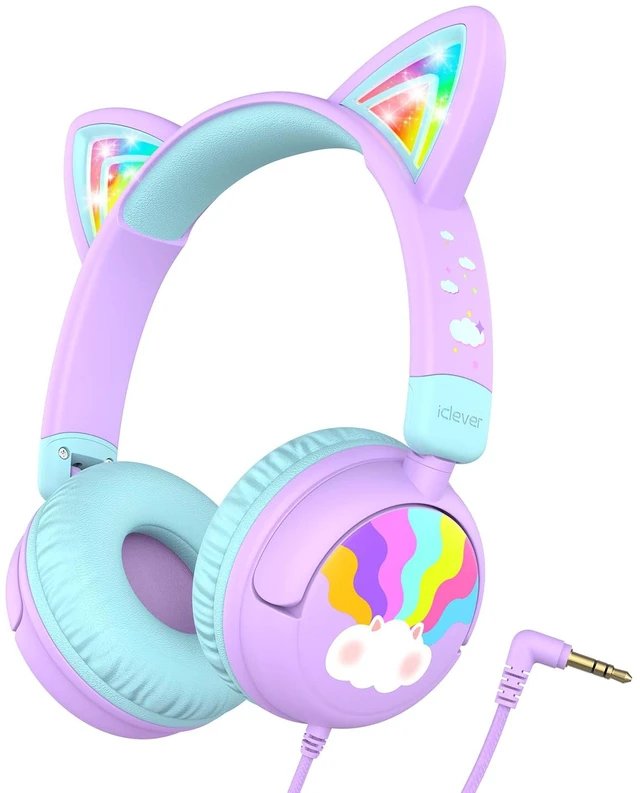 Main image of HS25 Kids Headphones Cat Ear, LED Light Up for Toddler Girls School SafeSound Tech3.0, 3.5mm Wired Foldable, Stereo Sound, Over-Ear Headphones for Kids for iPad/Tablet/Travel/Gift, Light Purple