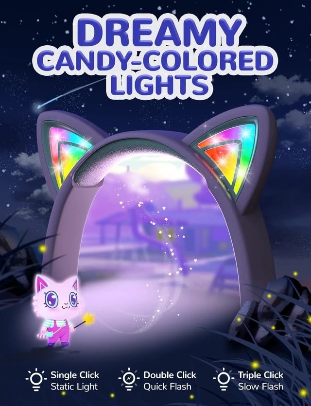 Alt view image 2 of 7 - HS25 Kids Headphones Cat Ear, LED Light Up for Toddler Girls School SafeSound Tech3.0, 3.5mm Wired Foldable, Stereo Sound, Over-Ear Headphones for Kids for iPad/Tablet/Travel/Gift, Light Purple