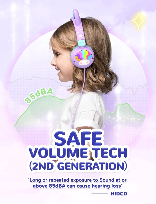 Alt view image 3 of 7 - HS25 Kids Headphones Cat Ear, LED Light Up for Toddler Girls School SafeSound Tech3.0, 3.5mm Wired Foldable, Stereo Sound, Over-Ear Headphones for Kids for iPad/Tablet/Travel/Gift, Light Purple