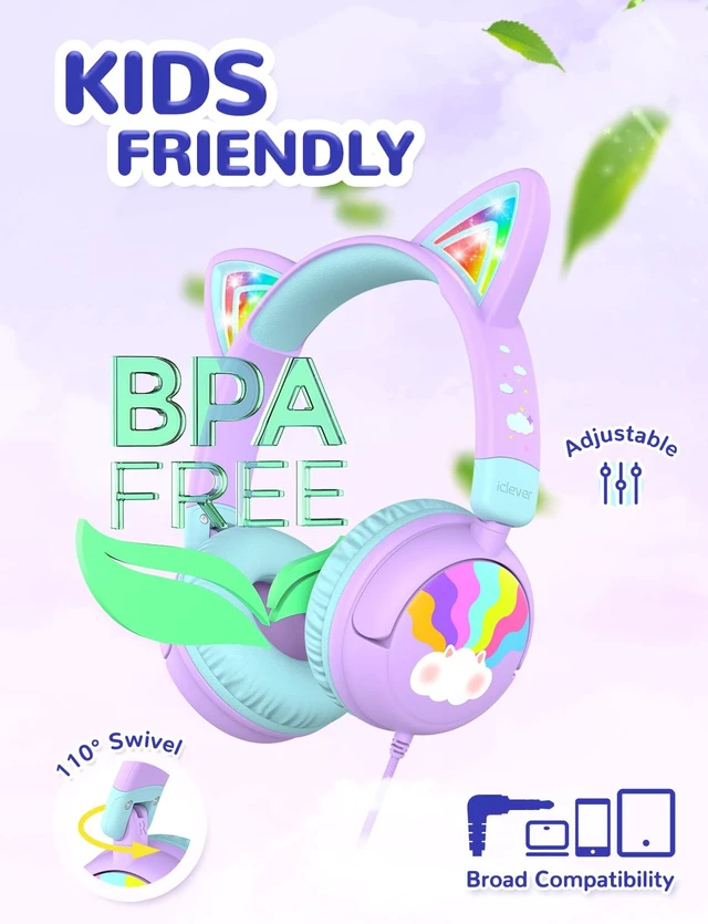 Alt view image 4 of 7 - HS25 Kids Headphones Cat Ear, LED Light Up for Toddler Girls School SafeSound Tech3.0, 3.5mm Wired Foldable, Stereo Sound, Over-Ear Headphones for Kids for iPad/Tablet/Travel/Gift, Light Purple