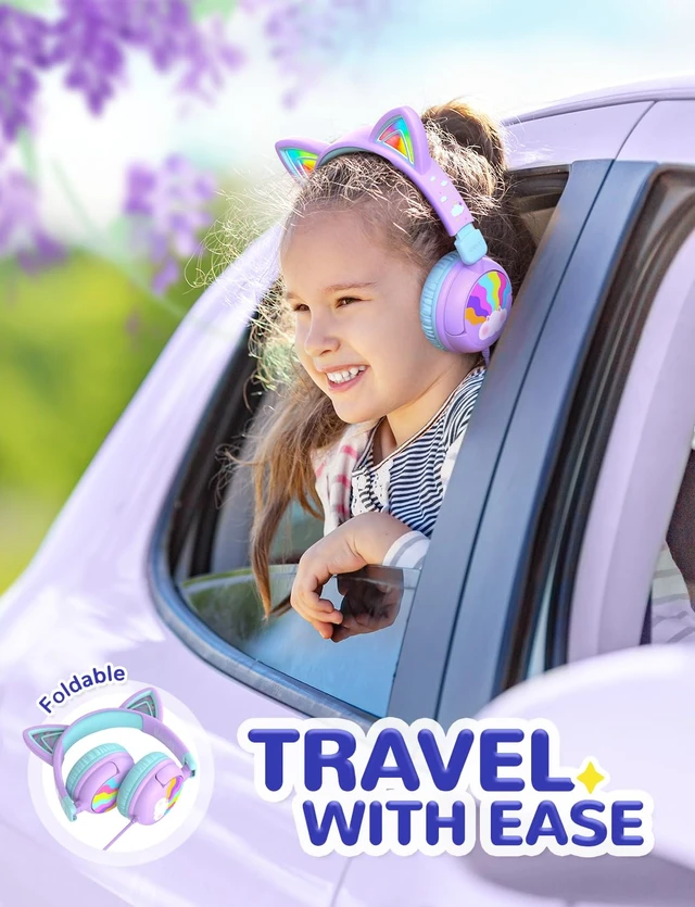 Alt view image 6 of 7 - HS25 Kids Headphones Cat Ear, LED Light Up for Toddler Girls School SafeSound Tech3.0, 3.5mm Wired Foldable, Stereo Sound, Over-Ear Headphones for Kids for iPad/Tablet/Travel/Gift, Light Purple