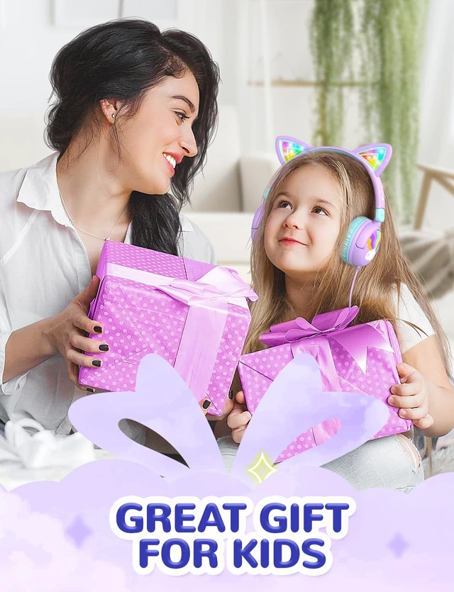 Alt view image 7 of 7 - HS25 Kids Headphones Cat Ear, LED Light Up for Toddler Girls School SafeSound Tech3.0, 3.5mm Wired Foldable, Stereo Sound, Over-Ear Headphones for Kids for iPad/Tablet/Travel/Gift, Light Purple