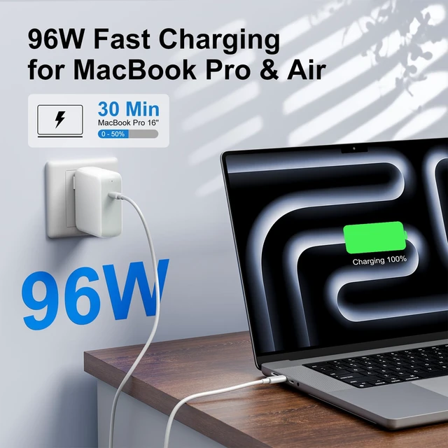 Alt view image 2 of 7 - 10ft Charger for MacBook Pro/Air 16, 15, 14, 13 inch 2025, 2024, 2023, 2022, 2021, 2020, M1 M2 M3 M4, 96W USB C Power Adapter, LED, 100W USB-C Cable Charging as Fast as Original Quality