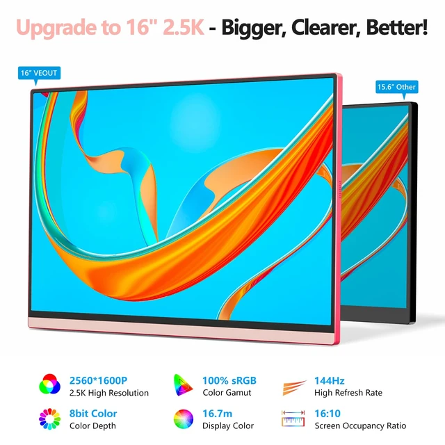 Alt view image 4 of 7 - 16" Portable Monitor with Built-in Stand,Vertical Monitor, USB-C & Mini HDMI External Laptop Screen, Second Display for PC, MacBook, iPad, Phone, Travel & Office