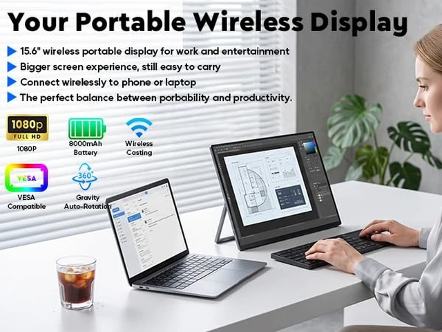 Alt view image 2 of 7 - Battery Wireless Portable Monitor, 8000mAh 15.6" 1080P IPS USB-C/HDMI Second Screen, Built-in Speakers, Support AirPlay/Miracast for Laptop/Phone/Tablet/Switch/Xbox, Carry Bag Included