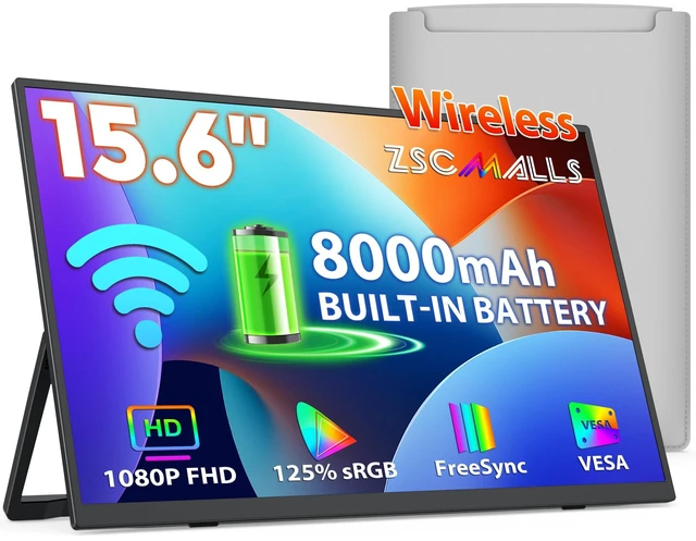 Main image of Battery Wireless Portable Monitor, 8000mAh 15.6" 1080P IPS USB-C/HDMI Second Screen, Built-in Speakers, Support AirPlay/Miracast for Laptop/Phone/Tablet/Switch/Xbox, Carry Bag Included