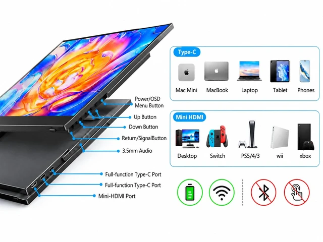 Alt view image 4 of 7 - Battery Wireless Portable Monitor, 8000mAh 15.6" 1080P IPS USB-C/HDMI Second Screen, Built-in Speakers, Support AirPlay/Miracast for Laptop/Phone/Tablet/Switch/Xbox, Carry Bag Included