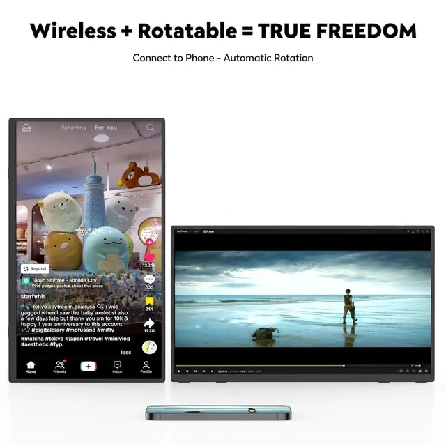 Alt view image 7 of 7 - Battery Wireless Portable Monitor, 8000mAh 15.6" 1080P IPS USB-C/HDMI Second Screen, Built-in Speakers, Support AirPlay/Miracast for Laptop/Phone/Tablet/Switch/Xbox, Carry Bag Included