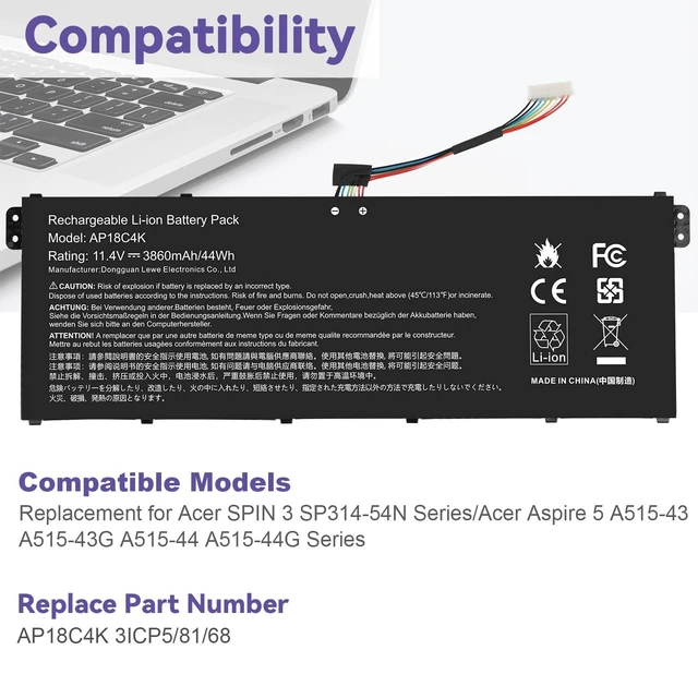 Alt view image 4 of 7 - AP18C4K AP18C8K Battery for Acer Spin 3 SP313-51N SP314-54N,Aspire 5 A515-43 A515-43G A515-44 A515-44G A515-54 A515-54G A515-56 3ICP5/81/68,3INP5/82/70KT0030G020,KT0030G020,KT00304012,KT00304012