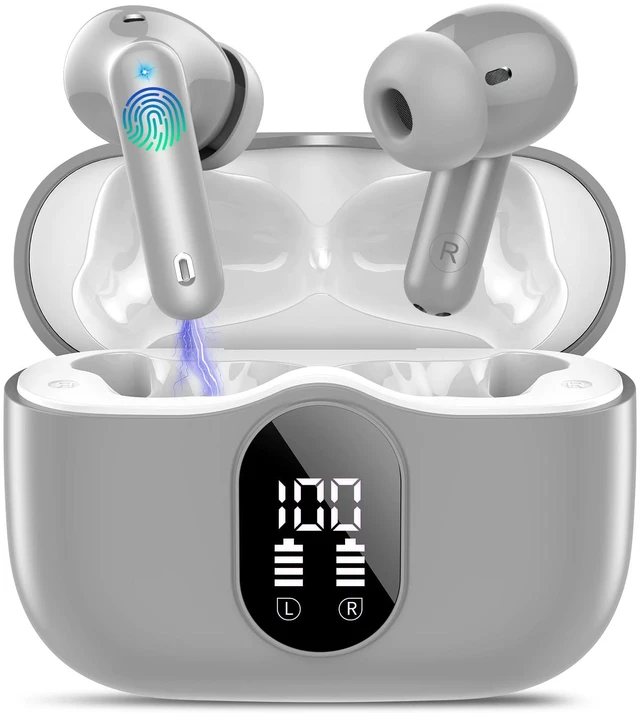 Main image of Wireless Earbuds, Bluetooth 5.4 Headphones Bass Stereo/ENC Mic, Fog Gray | Ear Buds with Noise Cancelling Mic LED Display, 36H, IP7 Waterproof in Ear Earphones for Laptop Pad Phones Sports Workout
