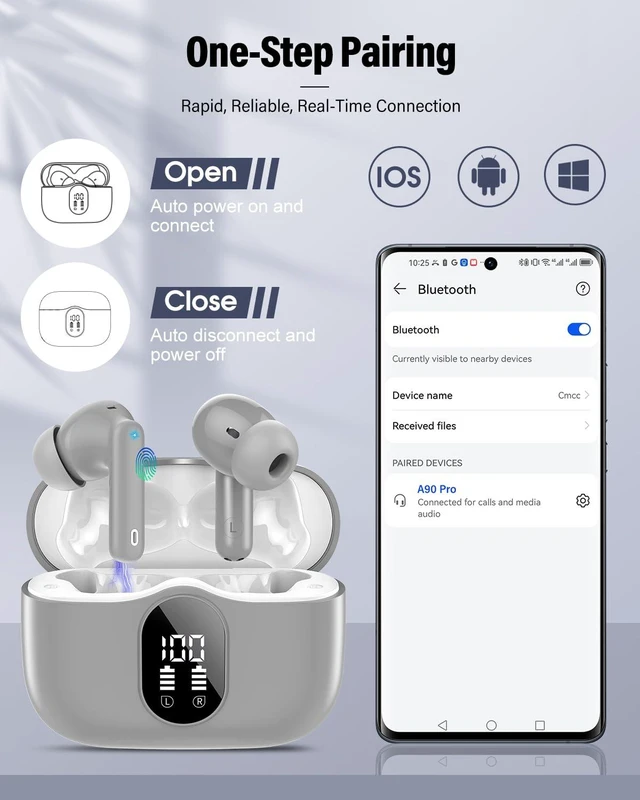 Alt view image 5 of 7 - Wireless Earbuds, Bluetooth 5.4 Headphones Bass Stereo/ENC Mic, Fog Gray | Ear Buds with Noise Cancelling Mic LED Display, 36H, IP7 Waterproof in Ear Earphones for Laptop Pad Phones Sports Workout