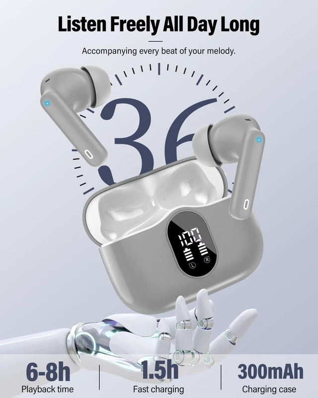 Alt view image 6 of 7 - Wireless Earbuds, Bluetooth 5.4 Headphones Bass Stereo/ENC Mic, Fog Gray | Ear Buds with Noise Cancelling Mic LED Display, 36H, IP7 Waterproof in Ear Earphones for Laptop Pad Phones Sports Workout