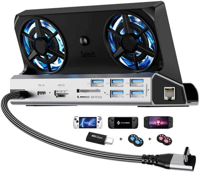 Main image of YCE 13-in-1 Steam Deck Dock for Switch/ROG Ally/Legion Go Dual 5cm RGB cooling fans, 6 USB ports, 4K 60Hz HDMI port, 1000Mbps Ethernet port, 100W PD fast charging