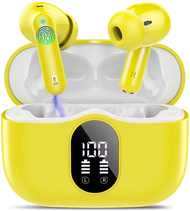 Main image of Wireless Earbuds, Bluetooth 5.4 Headphones Bass Stereo, Golden Yellow | Ear Buds with Noise Cancelling Mic LED Display, 36H, IP7 Waterproof in Ear Earphones for Laptop Pad Phones Sports Workout