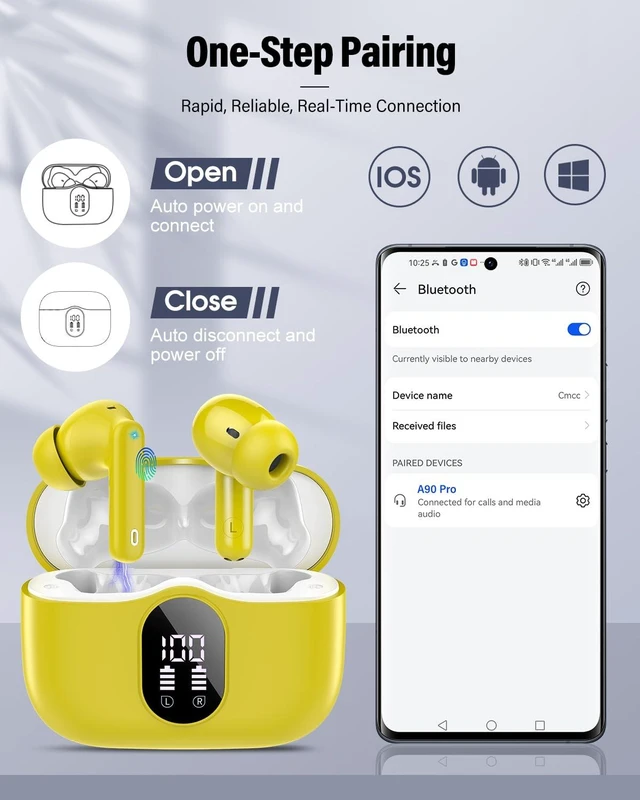 Alt view image 5 of 7 - Wireless Earbuds, Bluetooth 5.4 Headphones Bass Stereo, Golden Yellow | Ear Buds with Noise Cancelling Mic LED Display, 36H, IP7 Waterproof in Ear Earphones for Laptop Pad Phones Sports Workout