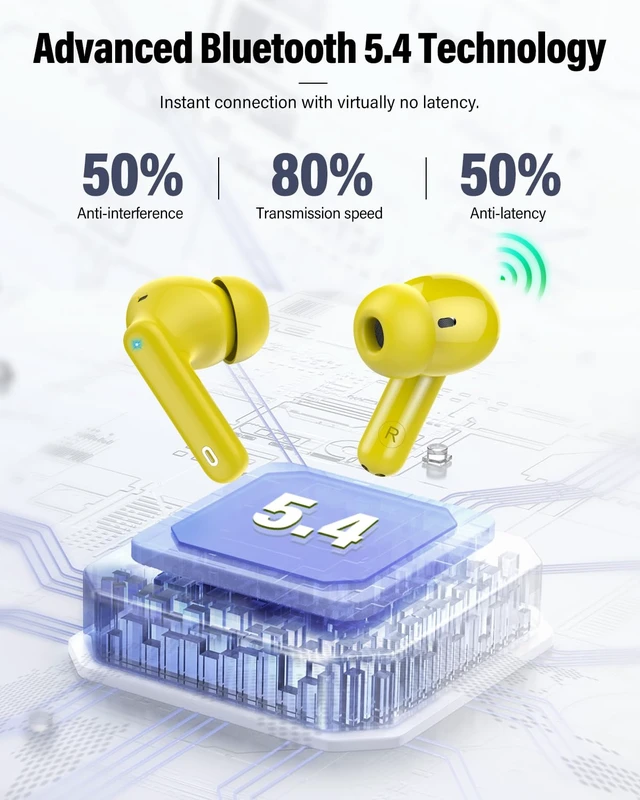 Alt view image 4 of 7 - Wireless Earbuds, Bluetooth 5.4 Headphones Bass Stereo, Golden Yellow | Ear Buds with Noise Cancelling Mic LED Display, 36H, IP7 Waterproof in Ear Earphones for Laptop Pad Phones Sports Workout