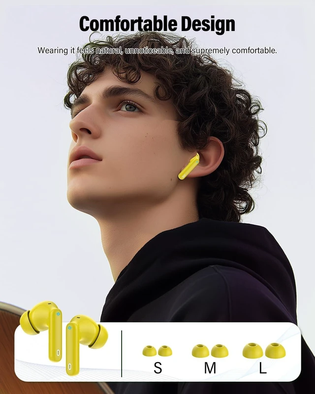 Alt view image 7 of 7 - Wireless Earbuds, Bluetooth 5.4 Headphones Bass Stereo, Golden Yellow | Ear Buds with Noise Cancelling Mic LED Display, 36H, IP7 Waterproof in Ear Earphones for Laptop Pad Phones Sports Workout