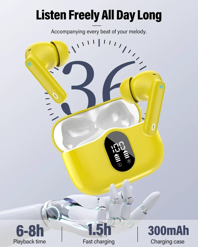 Alt view image 6 of 7 - Wireless Earbuds, Bluetooth 5.4 Headphones Bass Stereo, Golden Yellow | Ear Buds with Noise Cancelling Mic LED Display, 36H, IP7 Waterproof in Ear Earphones for Laptop Pad Phones Sports Workout