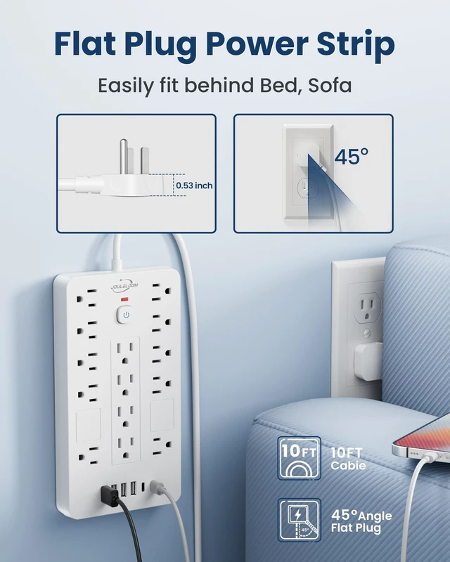 Alt view image 5 of 7 - 6 FT Extension Cord Surge Protector Power Strip,14 Outlets & 6 USB Ports 2 Pack 6 Feet Flat Plug extension cord with 14 AC&6 USB Ports(2 USB-C), 1850 Joules surge protection ETL Listed