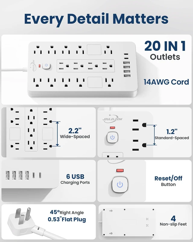 Alt view image 7 of 7 - 6 FT Extension Cord Surge Protector Power Strip,14 Outlets & 6 USB Ports 2 Pack 6 Feet Flat Plug extension cord with 14 AC&6 USB Ports(2 USB-C), 1850 Joules surge protection ETL Listed