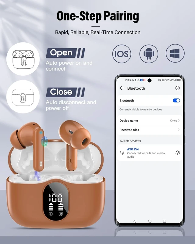 Alt view image 5 of 7 - Wireless Earbuds, Bluetooth 5.4 Headphones Bass Stereo/ENC Mic, Brown | Ear Buds with Noise Cancelling Mic LED Display, 36H, IP7 Waterproof in Ear Earphones for Laptop Pad Phones Sports Workout