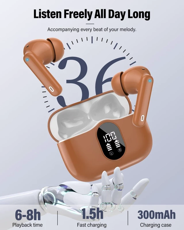 Alt view image 6 of 7 - Wireless Earbuds, Bluetooth 5.4 Headphones Bass Stereo/ENC Mic, Brown | Ear Buds with Noise Cancelling Mic LED Display, 36H, IP7 Waterproof in Ear Earphones for Laptop Pad Phones Sports Workout