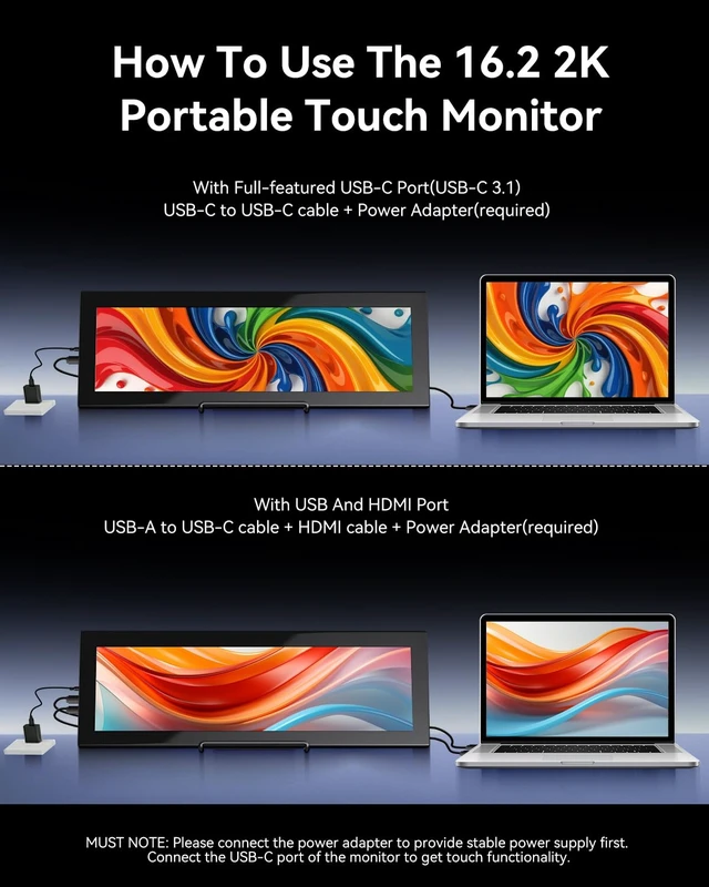 Alt view image 5 of 7 - 16.2'' 2K QHD IPS 2608×720 Touchscreen Secondary Monitor, IPS Stretched Bar LCD Travel Touch Display HDMI USBC, Portable Touch Screen for Laptop Computer Windows Aida64 GPU CPU RAM Monitoring