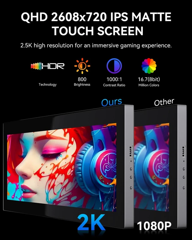 Alt view image 4 of 7 - 16.2'' 2K QHD IPS 2608×720 Touchscreen Secondary Monitor, IPS Stretched Bar LCD Travel Touch Display HDMI USBC, Portable Touch Screen for Laptop Computer Windows Aida64 GPU CPU RAM Monitoring