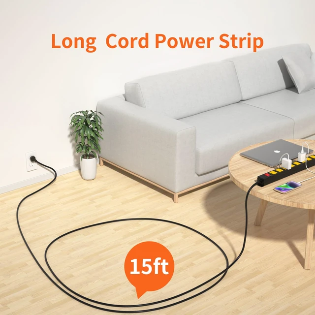 Alt view image 2 of 7 - 8 Outlet Power Strip 2100J Surge Protector, 15FT Heavy Duty Extension Cord Wide Spaced Outlet and Wall Mount Metal Powerstrip for Home Office Garage Workshop