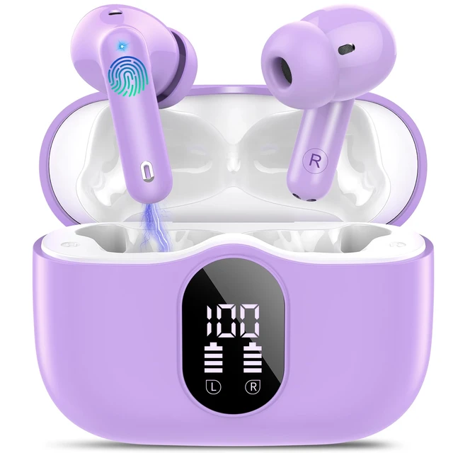 Main image of Wireless Earbuds, Bluetooth 5.4 Headphones Bass Stereo/ENC Mic,Pale Violet | Ear Buds with Noise Cancelling Mic LED Display, 36H, IP7 Waterproof in Ear Earphones for Laptop Pad Phones Sports Workout