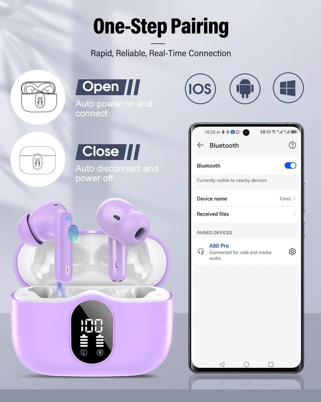 Alt view image 5 of 7 - Wireless Earbuds, Bluetooth 5.4 Headphones Bass Stereo/ENC Mic,Pale Violet | Ear Buds with Noise Cancelling Mic LED Display, 36H, IP7 Waterproof in Ear Earphones for Laptop Pad Phones Sports Workout
