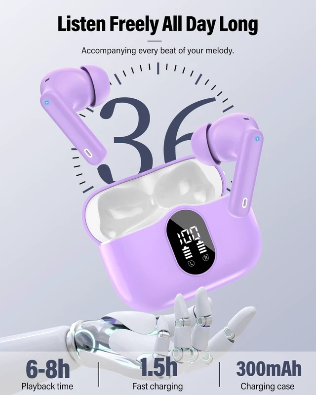 Alt view image 6 of 7 - Wireless Earbuds, Bluetooth 5.4 Headphones Bass Stereo/ENC Mic,Pale Violet | Ear Buds with Noise Cancelling Mic LED Display, 36H, IP7 Waterproof in Ear Earphones for Laptop Pad Phones Sports Workout