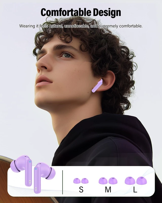 Alt view image 7 of 7 - Wireless Earbuds, Bluetooth 5.4 Headphones Bass Stereo/ENC Mic,Pale Violet | Ear Buds with Noise Cancelling Mic LED Display, 36H, IP7 Waterproof in Ear Earphones for Laptop Pad Phones Sports Workout