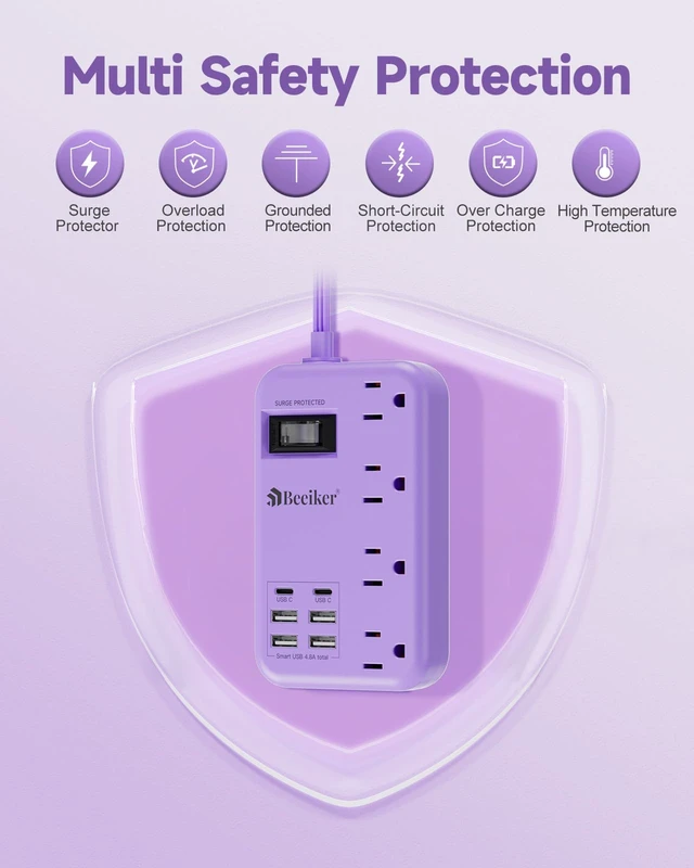 Alt view image 5 of 7 - 6 USB (2 USB C) Purple Travel Power Strip,5 Feet Lavender Extension Cord 6 USB,2 USB C,24W USB Charging Station,4 Outlets,Surge Protector,Purple Desk Accessories,Cute Kawaii Office Dorm Room,5 foot
