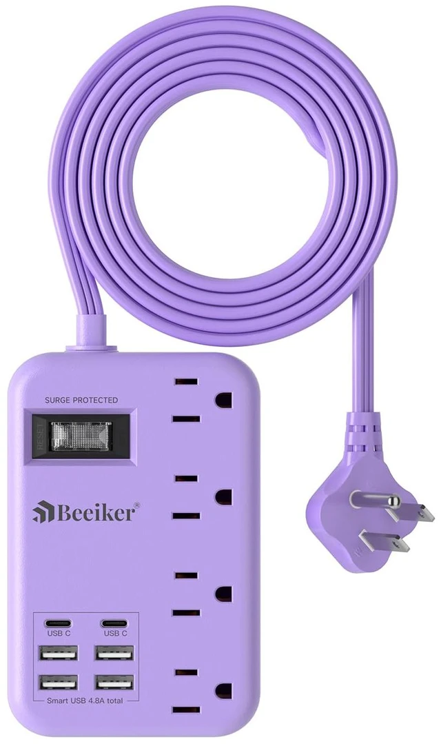 Main image of 6 USB (2 USB C) Purple Travel Power Strip,5 Feet Lavender Extension Cord 6 USB,2 USB C,24W USB Charging Station,4 Outlets,Surge Protector,Purple Desk Accessories,Cute Kawaii Office Dorm Room,5 foot