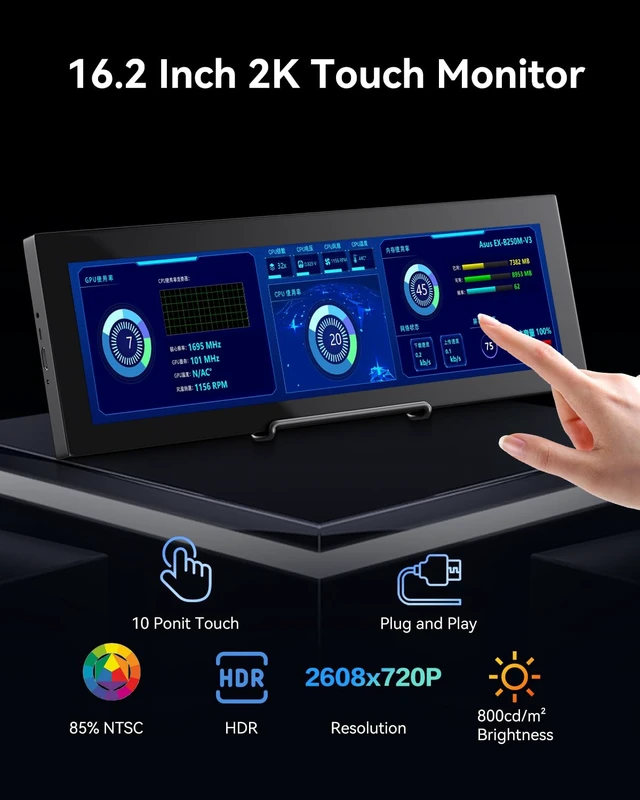 Alt view image 3 of 7 - 16.2'' 2K QHD IPS 2608×720 Touchscreen Secondary Monitor, IPS Stretched Bar LCD Travel Touch Display HDMI USBC, Portable Touch Screen for Laptop Computer Windows Aida64 GPU CPU RAM Monitoring