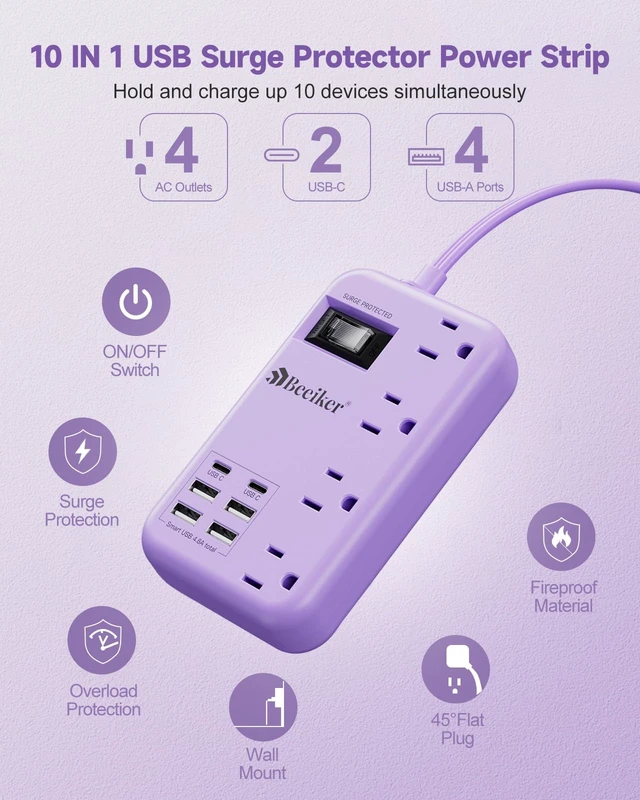 Alt view image 3 of 7 - 6 USB (2 USB C) Purple Travel Power Strip,5 Feet Lavender Extension Cord 6 USB,2 USB C,24W USB Charging Station,4 Outlets,Surge Protector,Purple Desk Accessories,Cute Kawaii Office Dorm Room,5 foot