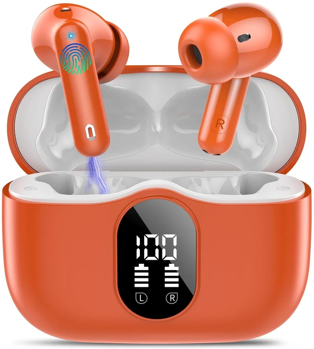 Main image of Wireless Earbuds, Bluetooth 5.4 Headphones Bass Stereo/ENC Mic,Deep Orange | Ear Buds with Noise Cancelling Mic LED Display, 36H, IP7 Waterproof in Ear Earphones for Laptop Pad Phones Sports Workout