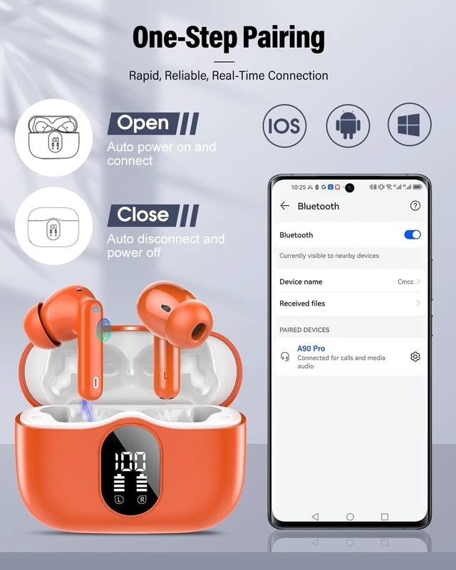Alt view image 5 of 7 - Wireless Earbuds, Bluetooth 5.4 Headphones Bass Stereo/ENC Mic,Deep Orange | Ear Buds with Noise Cancelling Mic LED Display, 36H, IP7 Waterproof in Ear Earphones for Laptop Pad Phones Sports Workout