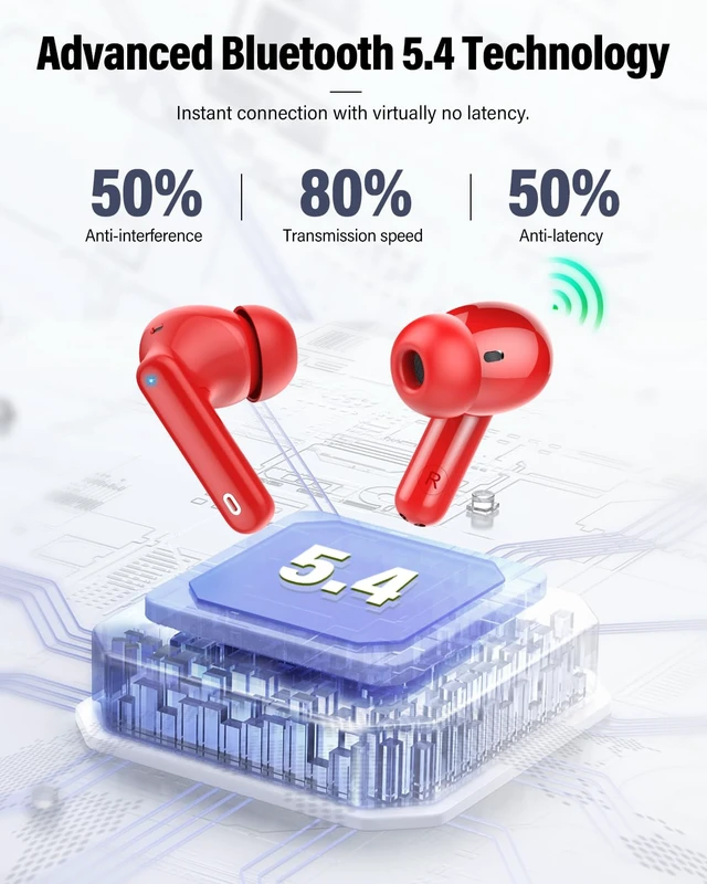Alt view image 4 of 7 - Wireless Earbuds, Bluetooth 5.4 Headphones Bass Stereo/ENC Mic, Rose Red | Ear Buds with Noise Cancelling Mic LED Display, 36H, IP7 Waterproof in Ear Earphones for Laptop Pad Phones Sports Workout