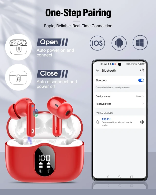 Alt view image 5 of 7 - Wireless Earbuds, Bluetooth 5.4 Headphones Bass Stereo/ENC Mic, Rose Red | Ear Buds with Noise Cancelling Mic LED Display, 36H, IP7 Waterproof in Ear Earphones for Laptop Pad Phones Sports Workout