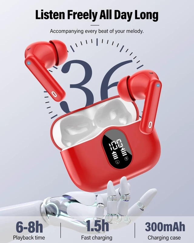 Alt view image 6 of 7 - Wireless Earbuds, Bluetooth 5.4 Headphones Bass Stereo/ENC Mic, Rose Red | Ear Buds with Noise Cancelling Mic LED Display, 36H, IP7 Waterproof in Ear Earphones for Laptop Pad Phones Sports Workout