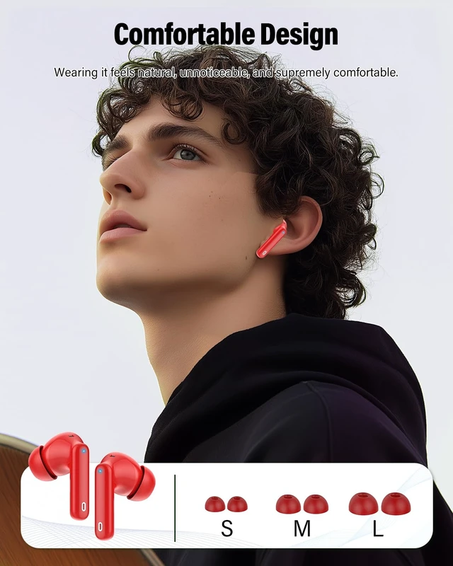 Alt view image 7 of 7 - Wireless Earbuds, Bluetooth 5.4 Headphones Bass Stereo/ENC Mic, Rose Red | Ear Buds with Noise Cancelling Mic LED Display, 36H, IP7 Waterproof in Ear Earphones for Laptop Pad Phones Sports Workout