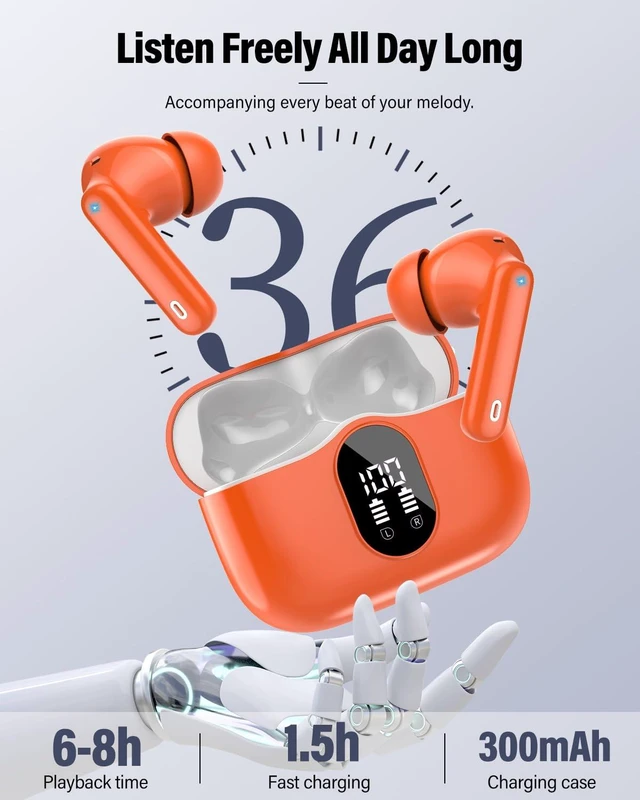 Alt view image 6 of 7 - Wireless Earbuds, Bluetooth 5.4 Headphones Bass Stereo/ENC Mic,Deep Orange | Ear Buds with Noise Cancelling Mic LED Display, 36H, IP7 Waterproof in Ear Earphones for Laptop Pad Phones Sports Workout