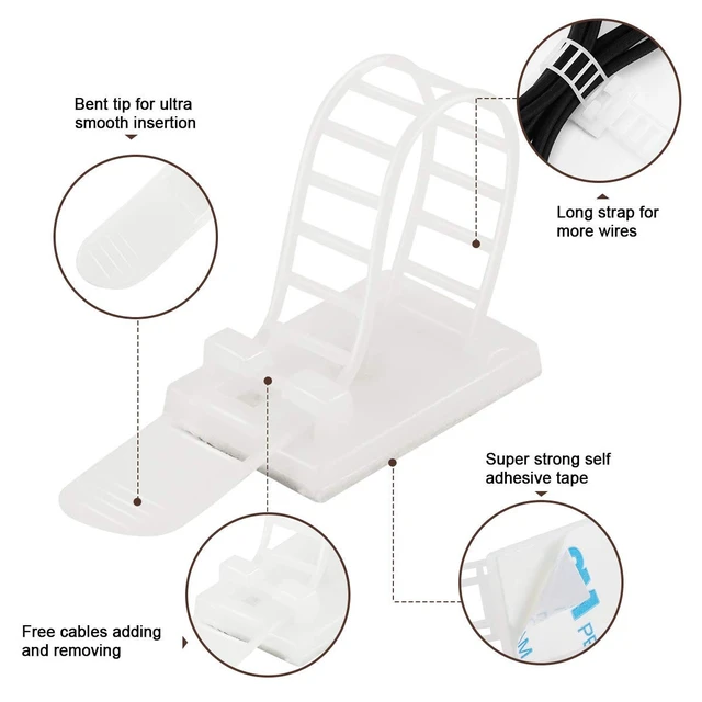 Alt view image 3 of 7 - 100Pcs Adhesive Cable Management Clips with 50Pcs Zip Ties, Adjustable Nylon Cable Strap Ties Wire Clips Clamps Organizer, Extra Screw & Hole - 3.35 Inch White (Pack of 3)