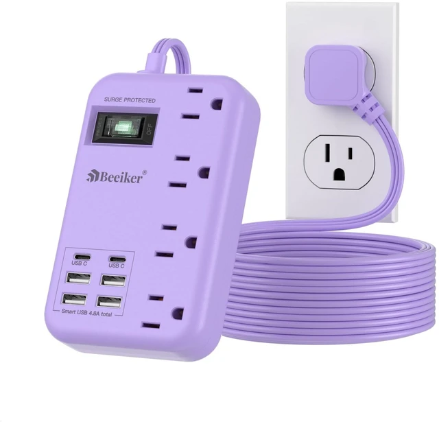 Main image of 6 USB Purple Surge Protector Power Strip,10 Ft Cute Extension Cord 6 USB(2 USB C),24W USB Charging Station,4 Outlets,10 Ft Purple Extension Cord,Kawaii Lavender Desk Accessories,For Home Dorm